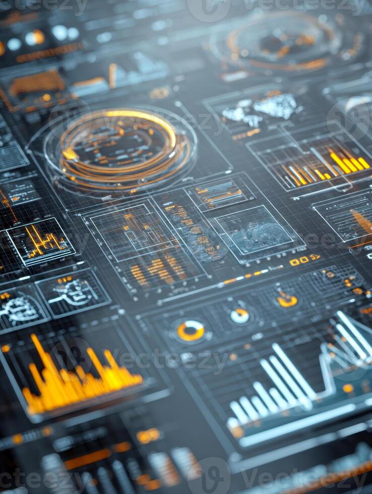 Advanced futuristic data analysis interface displaying dynamic graphs, charts, and holographic elements in a sleek high-tech digital environment photo