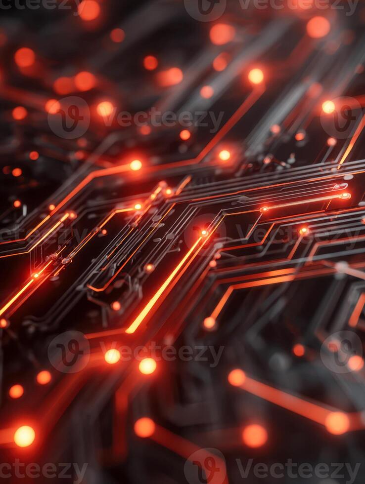 Close-up of a futuristic glowing red circuit board with intricate electronic pathways and illuminated connection points creating a high-tech glowing effect photo