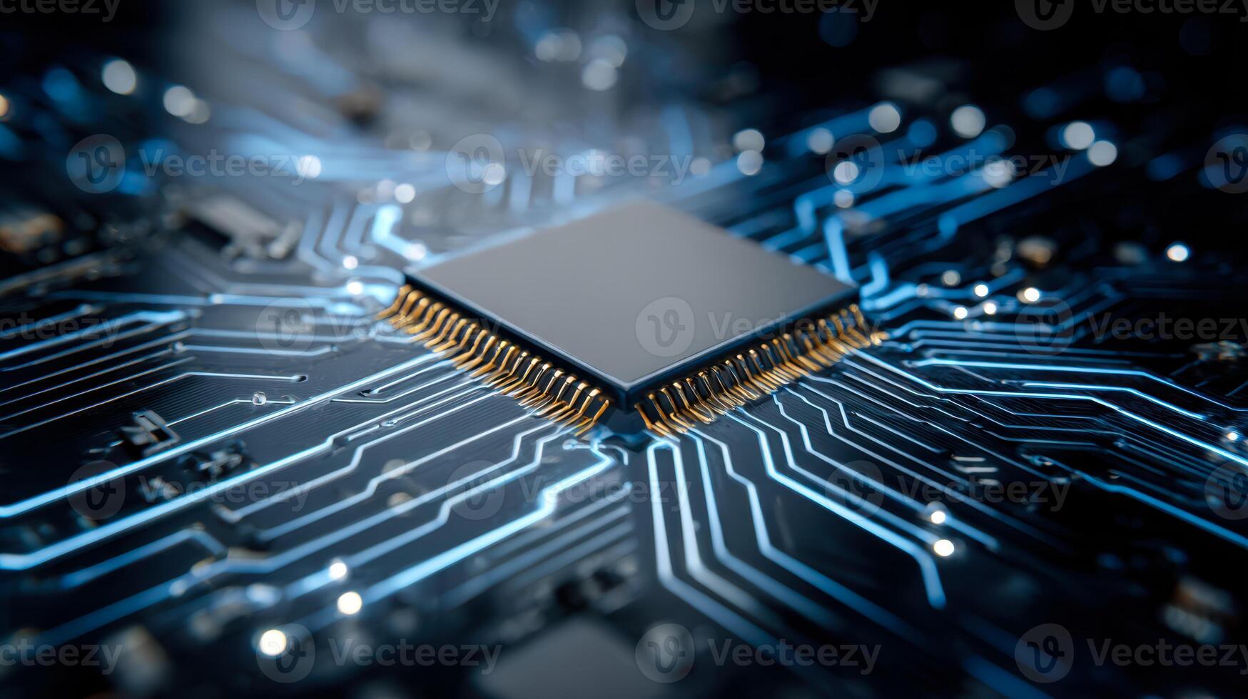 Close-up of a computer microprocessor embedded on a circuit board with glowing electronic pathways photo