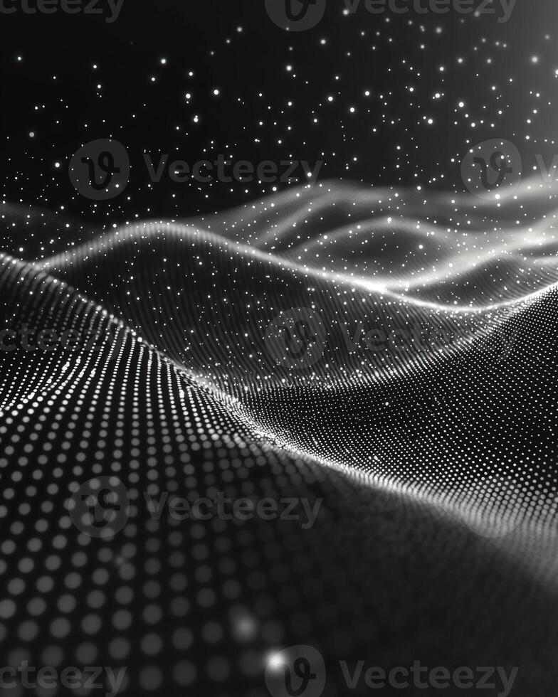 Abstract digital wave pattern with glowing points and flowing lines in black and white photo