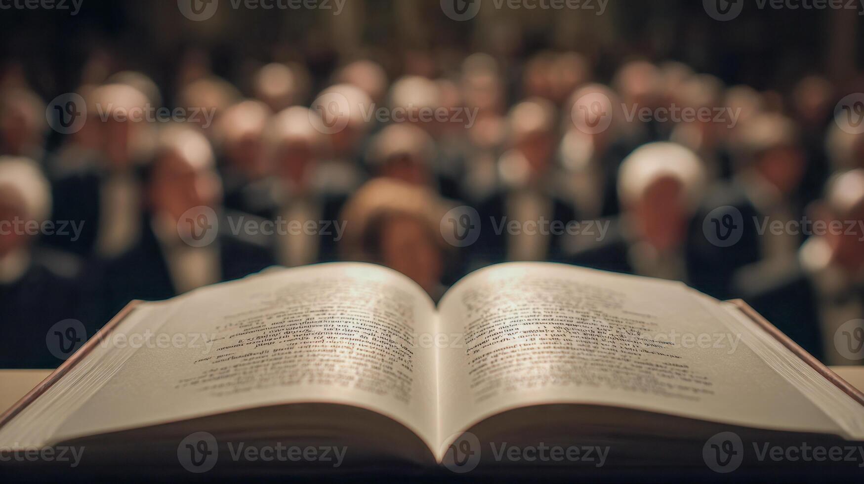 Open book on a lectern with blurred audience in the background at a formal event, symbolizing knowledge sharing and public speaking in an elegant setting photo
