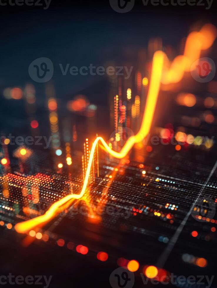 Advanced financial data visualization showing a rising market trend with glowing chart lines and digital indicators photo