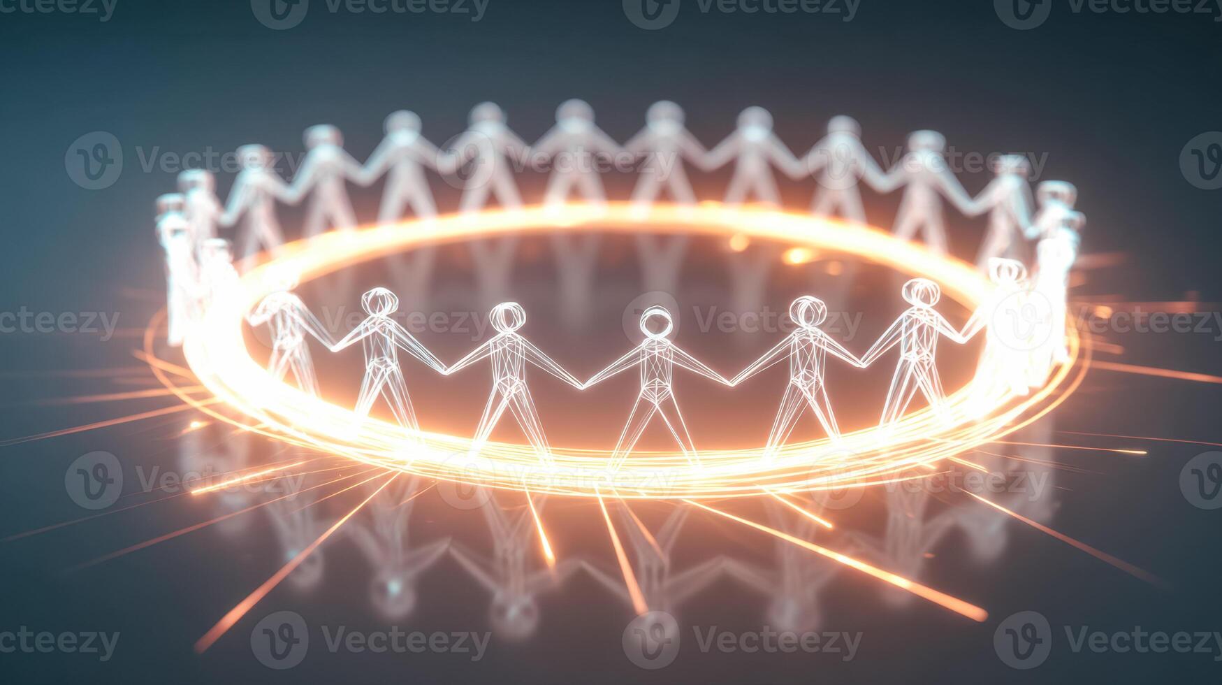 Digital hologram of interconnected human figures forming a circle representing unity and technology photo