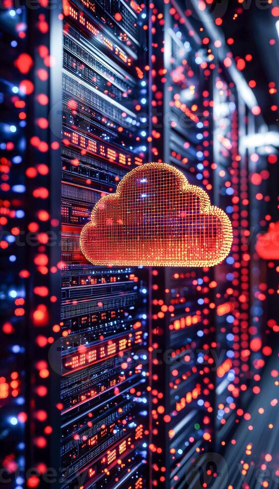 Digital cloud storage icon in a high-tech data center with glowing servers and data points photo