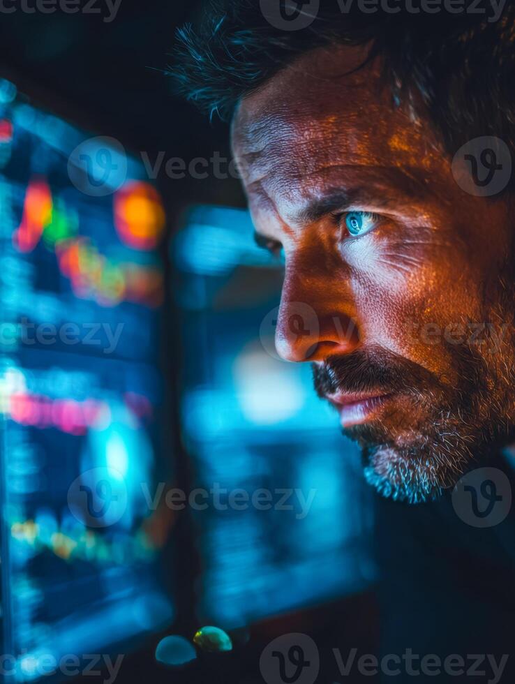 Focused man analyzing data on a computer screen in a high-tech environment photo