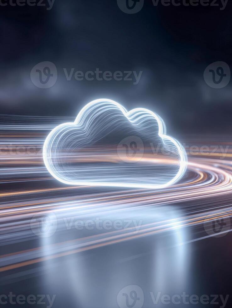 Futuristic glowing cloud shape surrounded by dynamic light trails symbolizing digital data flow and advanced technology concepts in a dark atmosphere photo