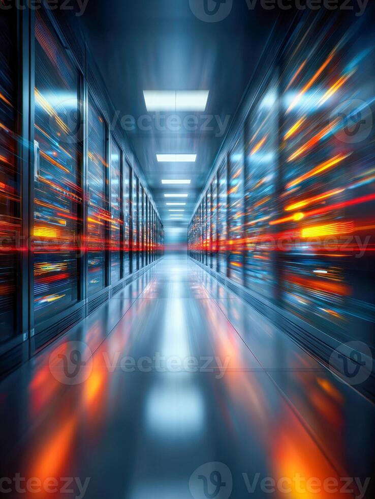 Futuristic data center corridor with illuminated server racks and dynamic light trails symbolizing high-speed information processing and advanced technology photo
