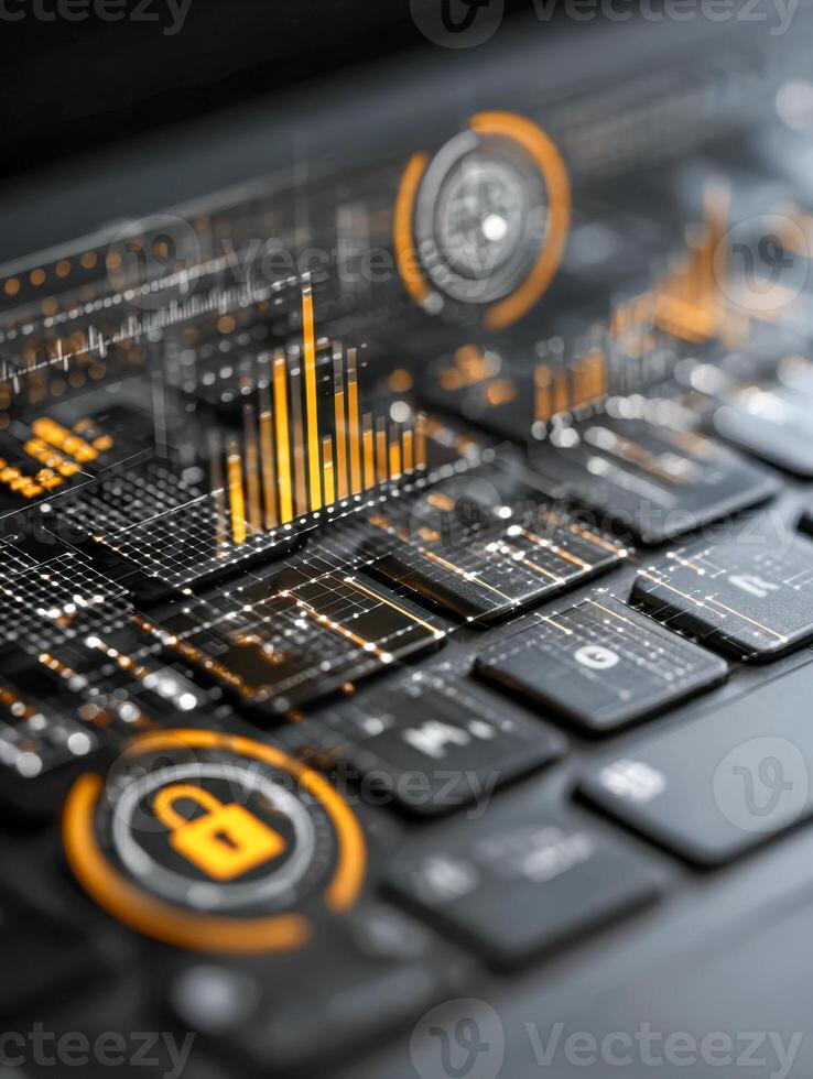 Advanced cybersecurity technology concept showcasing a digital secure lock symbol, data analytics, and futuristic interface elements on a keyboard for enhanced data protection photo