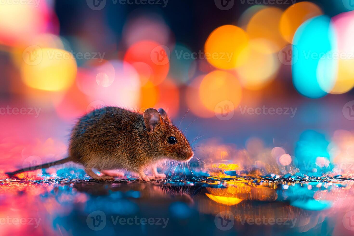 Close-up of a tiny mouse on a reflective surface with colorful bokeh lights in the background photo
