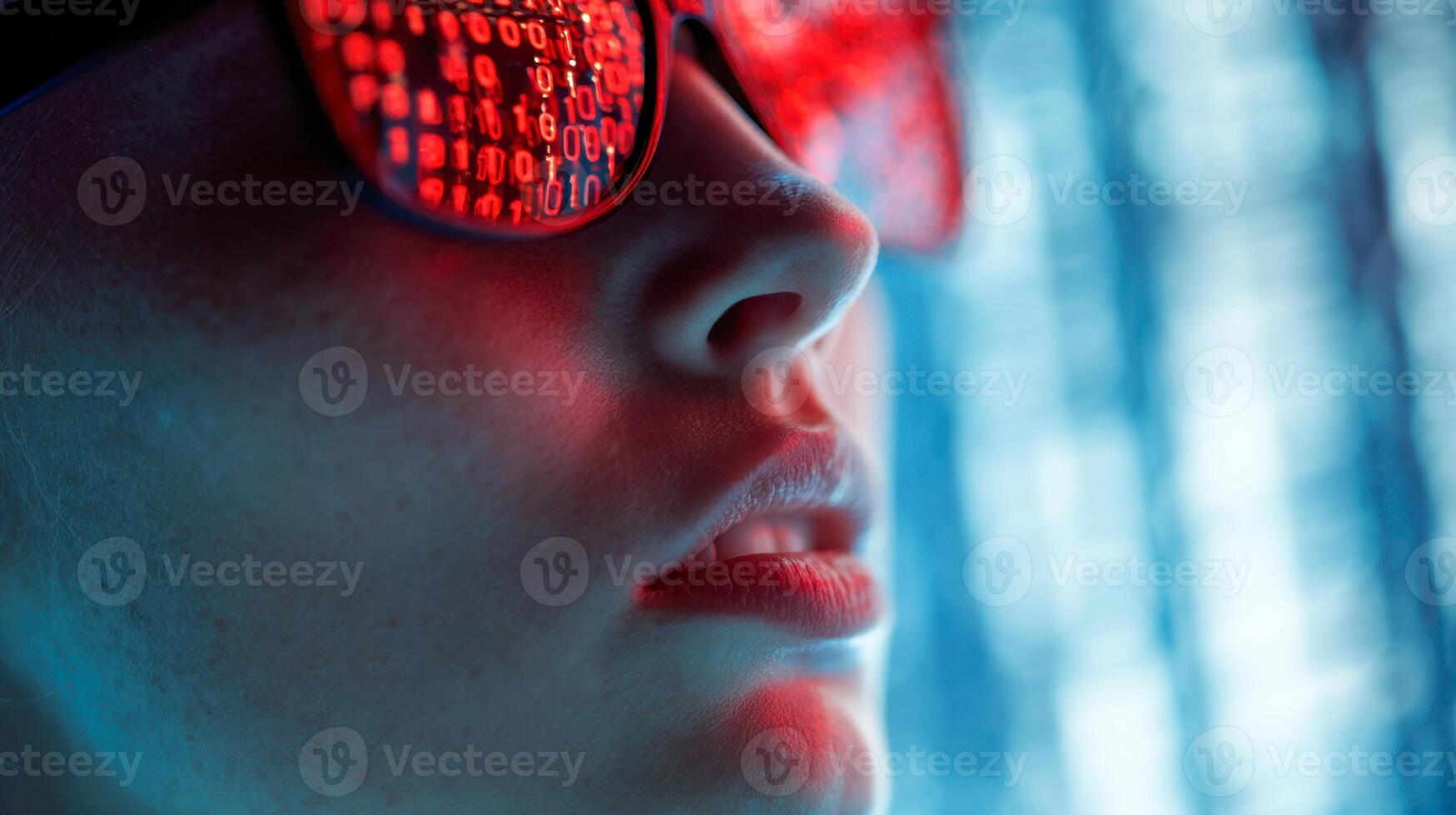 Close-up of a woman's face with reflective red code patterns on mirrored sunglasses against a blurred blue digital background representing cybersecurity or hacking concept photo