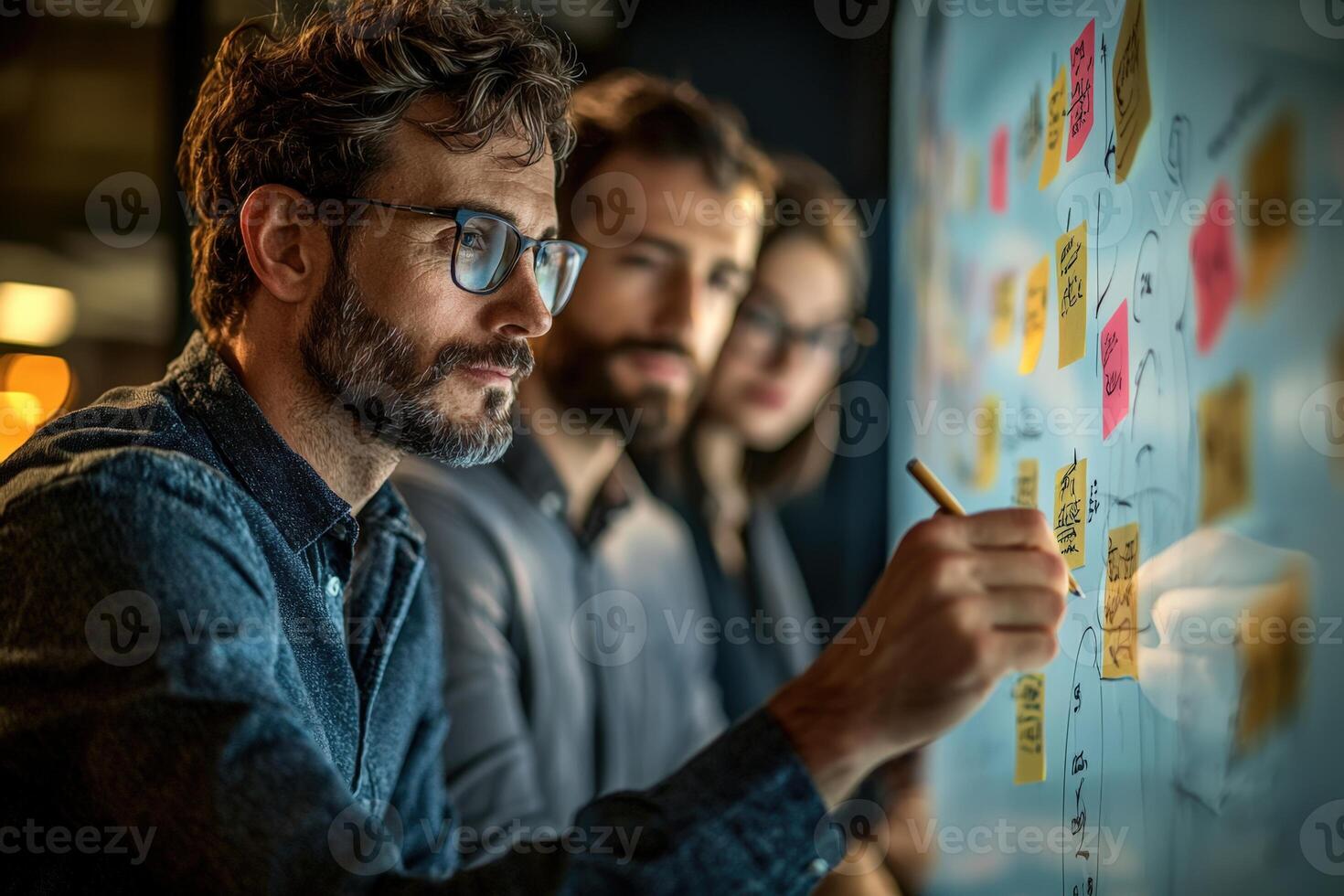 Team brainstorming session with sticky notes on a whiteboard for project planning photo