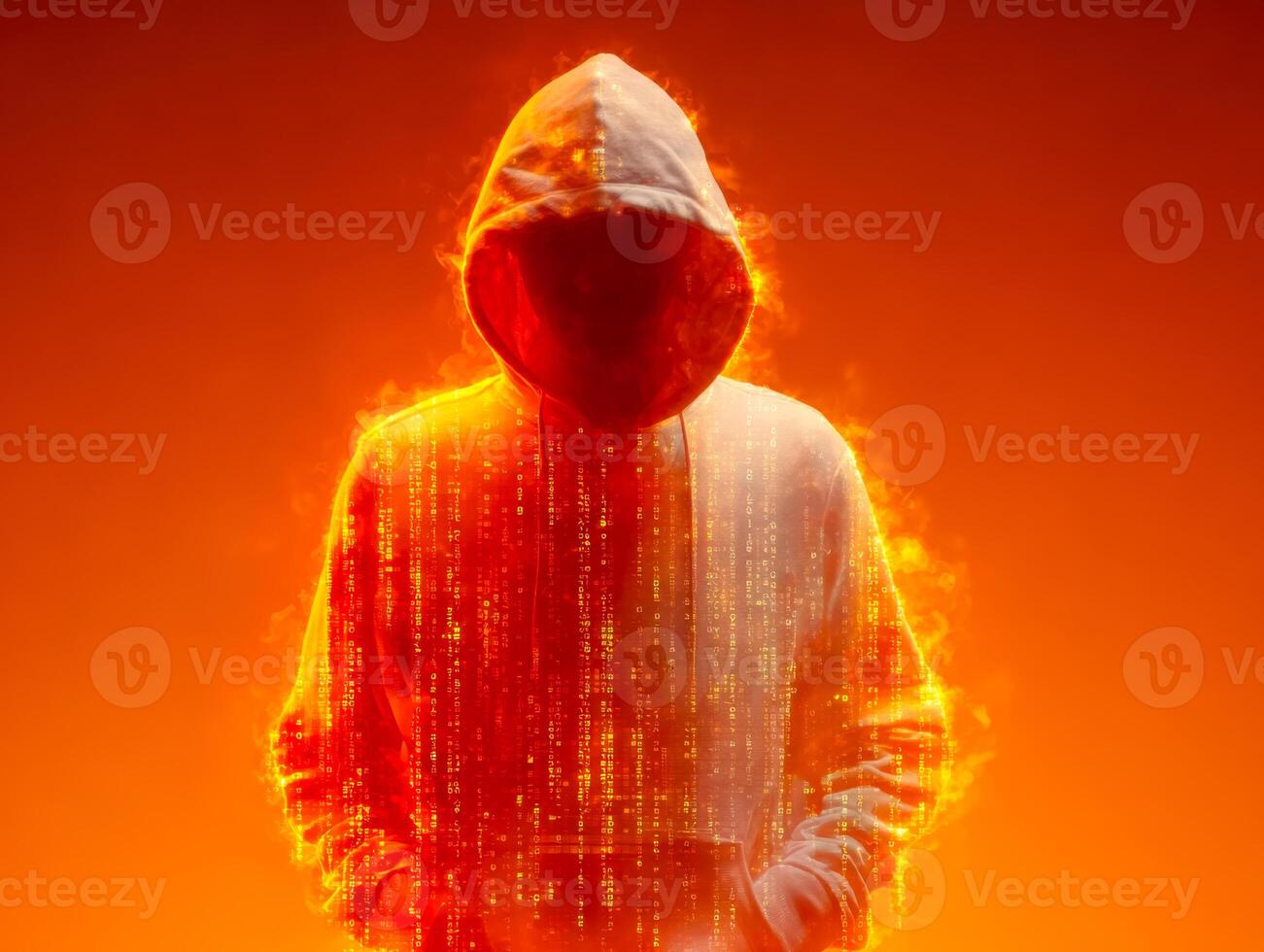 digital hacker en un ardiente resplandor con codificación corrientes y un misterioso encapuchado silueta foto