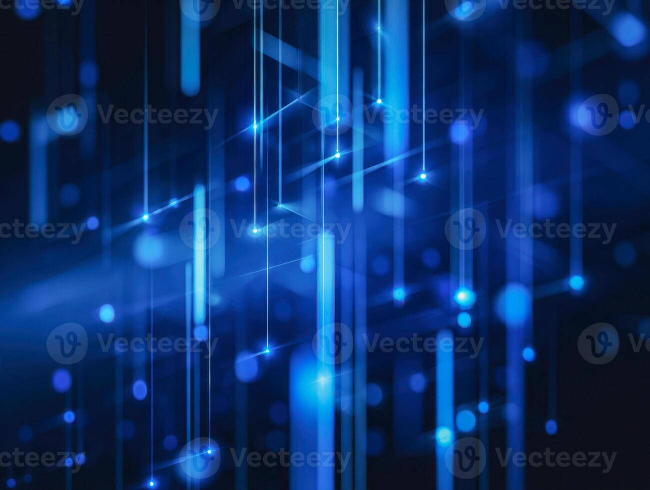 Abstract digital technology background featuring glowing blue vertical light beams and particles creating a futuristic network and data flow effect photo