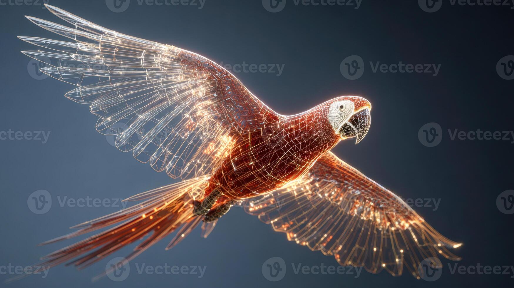 Digital 3d wireframe rendering of a flying parrot with glowing illuminated edges against a dark gradient background, showcasing detailed modeling and textures photo