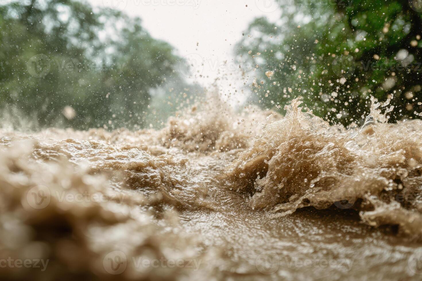 Close-up view of turbulent muddy floodwaters rushing violently with splashes amidst blurred trees in the background under a bright sky in a natural setting photo