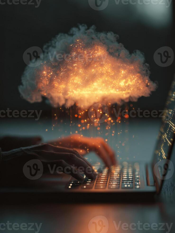 Digital innovation concept with a glowing cloud emerging from hands typing on a laptop keyboard, symbolizing cloud computing and advanced data processing. photo
