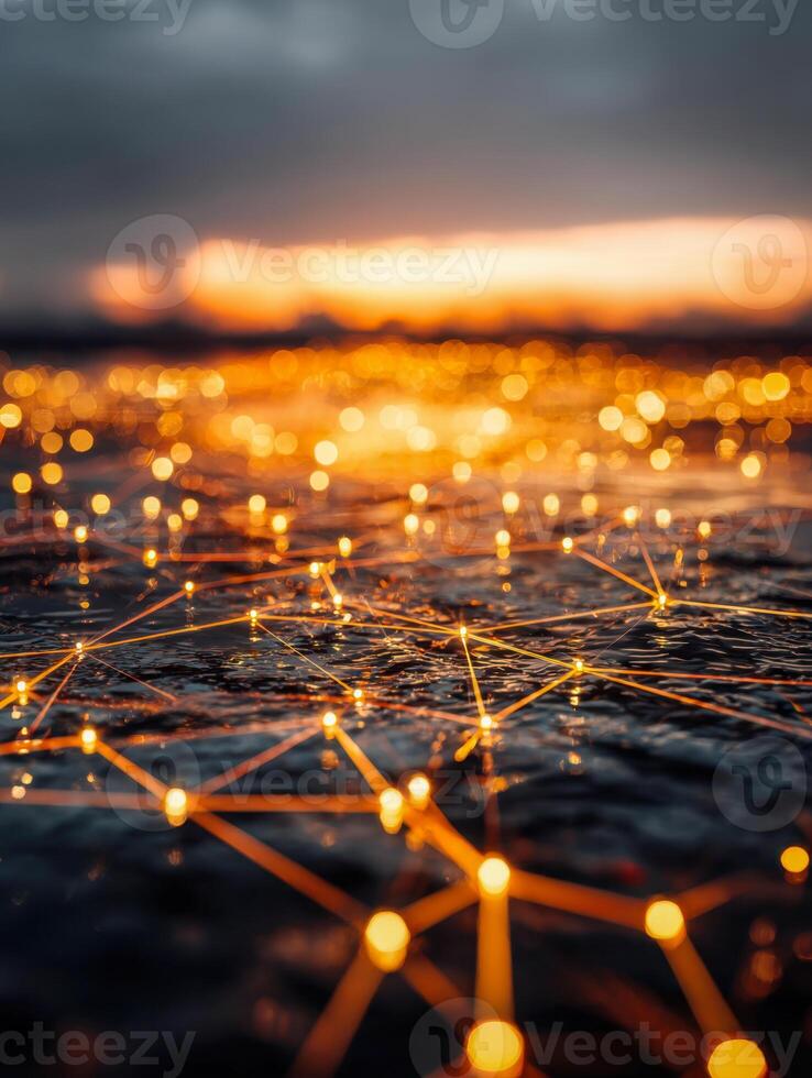Glowing interconnected nodes on dark surface with a warm sunset background illustrating digital networking and futuristic technology concepts in soft focus photo