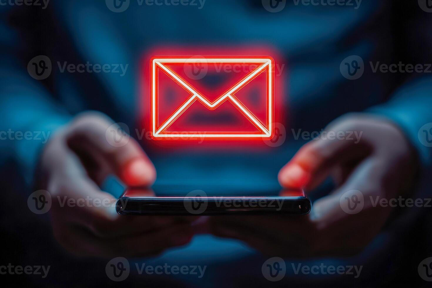 Person holding smartphone with glowing red email icon hovering above device in dark environment symbolizing modern digital communication and messaging concepts photo