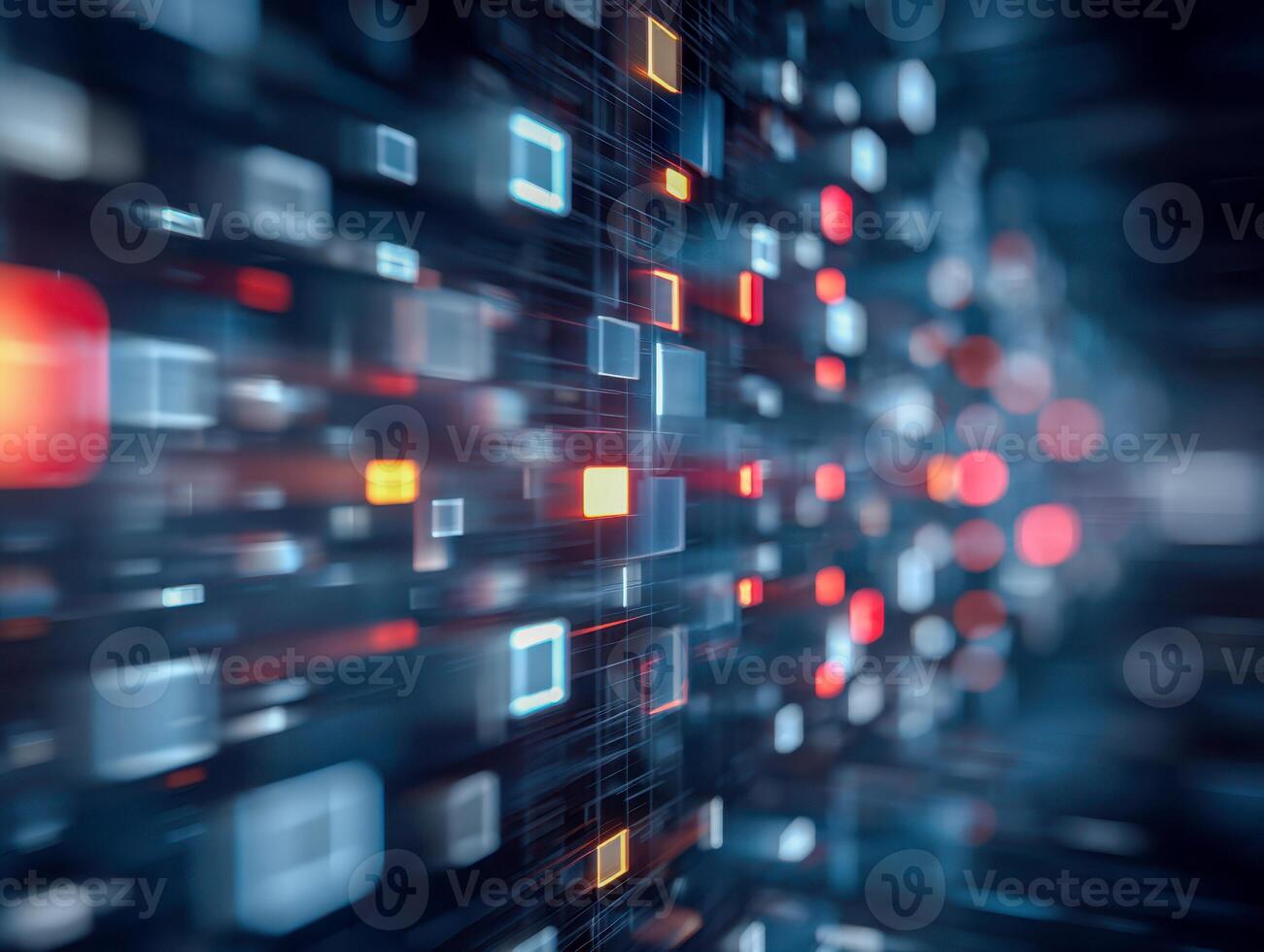 Abstract digital network with glowing neon squares representing futuristic data flow and information technology connectivity in a dark technological environment photo