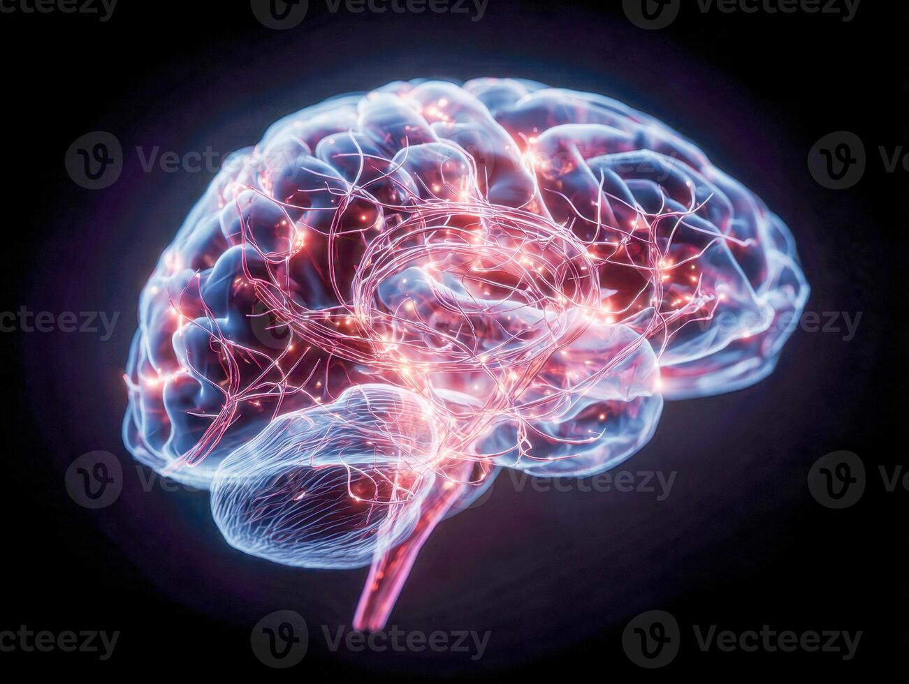 Visualization of human brain neural network activity with glowing synapses and vibrant electric impulses highlighting complex cognitive functions and connections photo