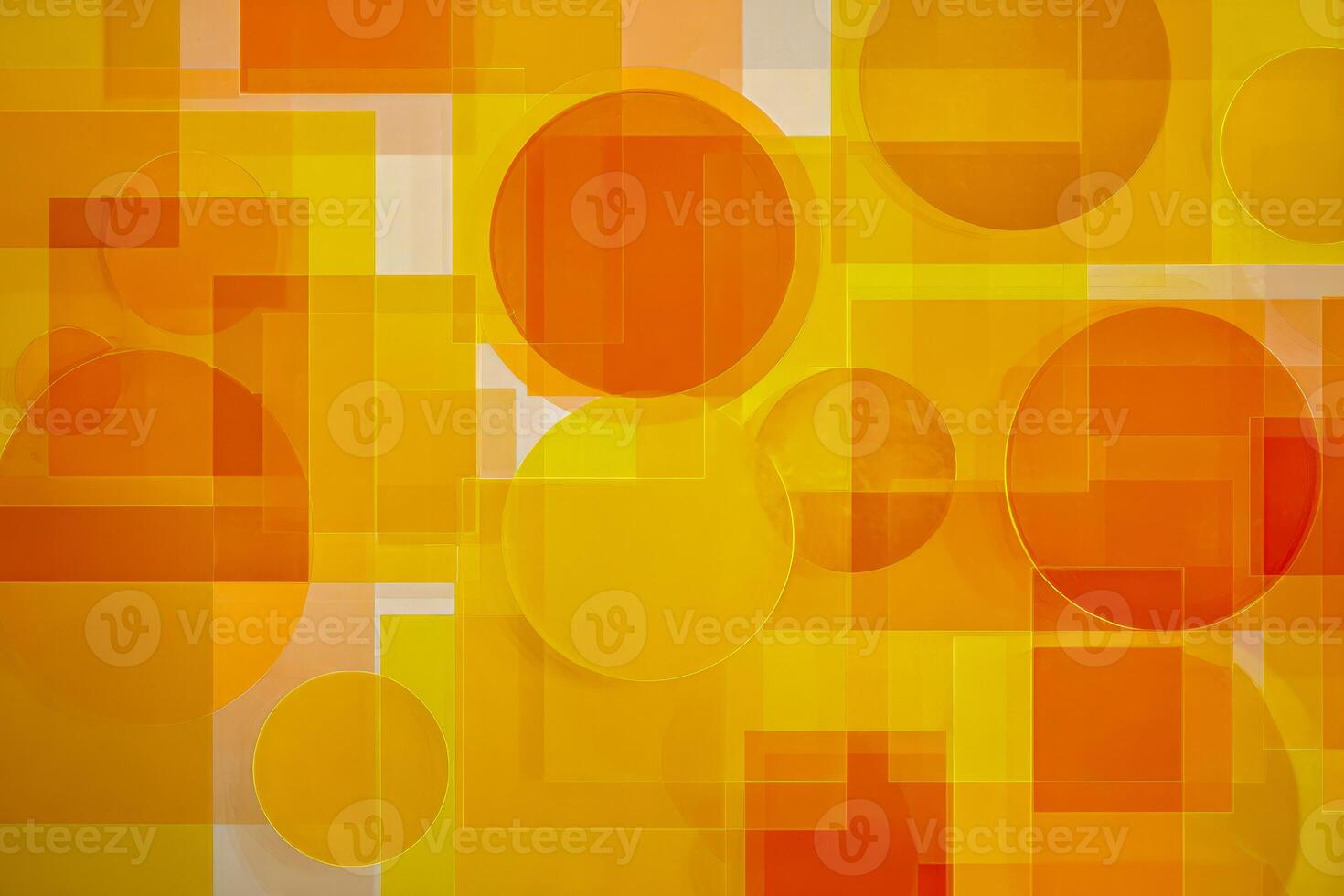 Vibrant geometric composition featuring overlapping translucent orange and yellow circles and squares creating a dynamic and colorful modern abstract artwork photo
