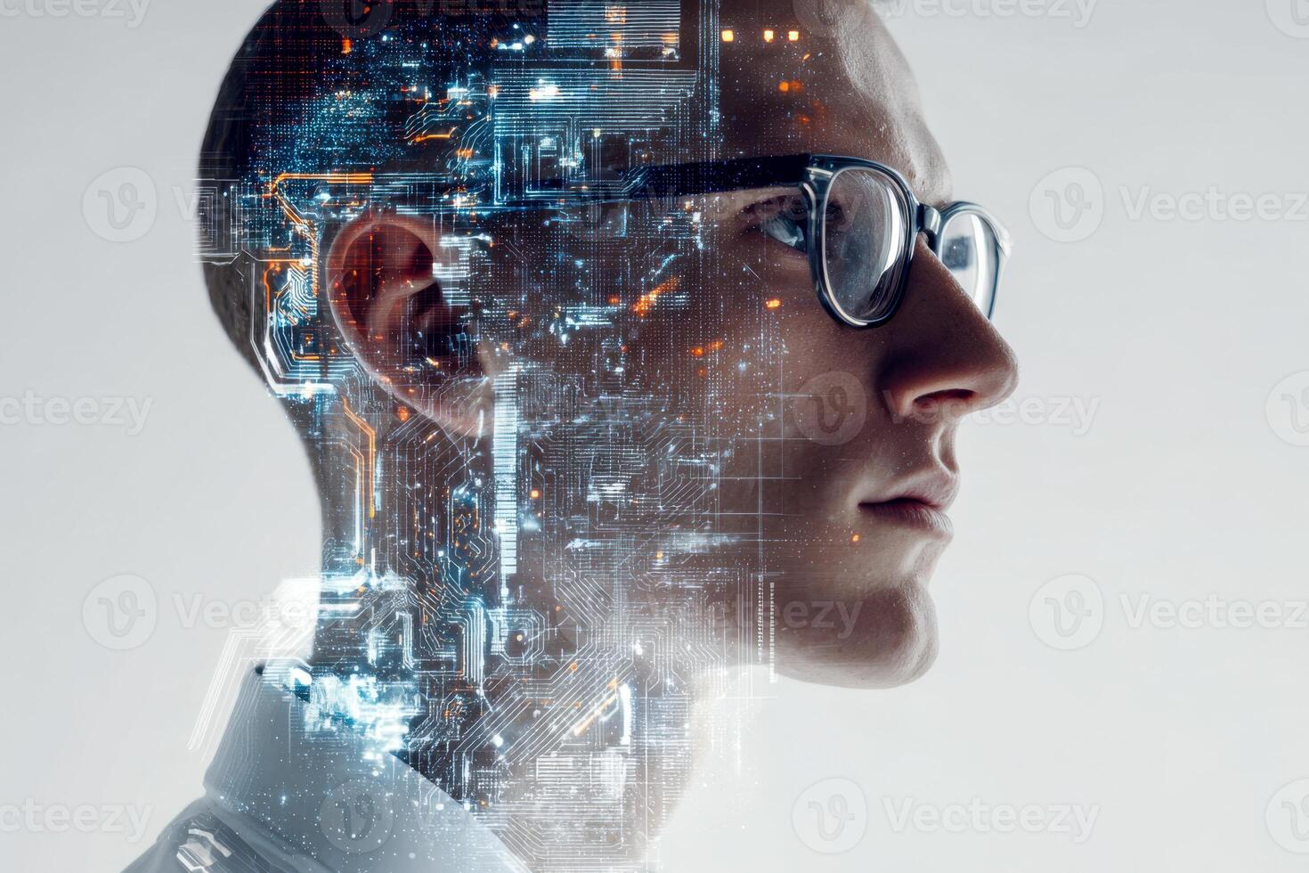 A futuristic digital interface overlaid on a person's profile, symbolizing the integration of human intelligence with advanced technology and data processing. photo