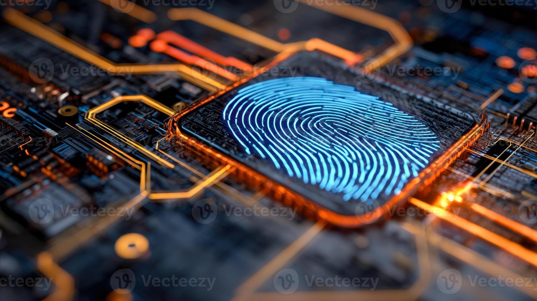 Advanced computer chip with illuminated fingerprint scanner on circuit board photo