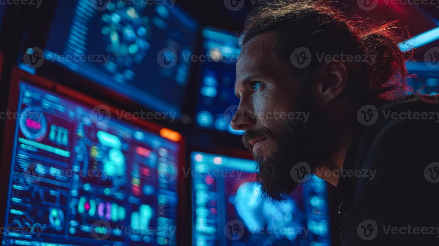 Man analyzing high-tech data on multiple screens in a dark, futuristic control room photo