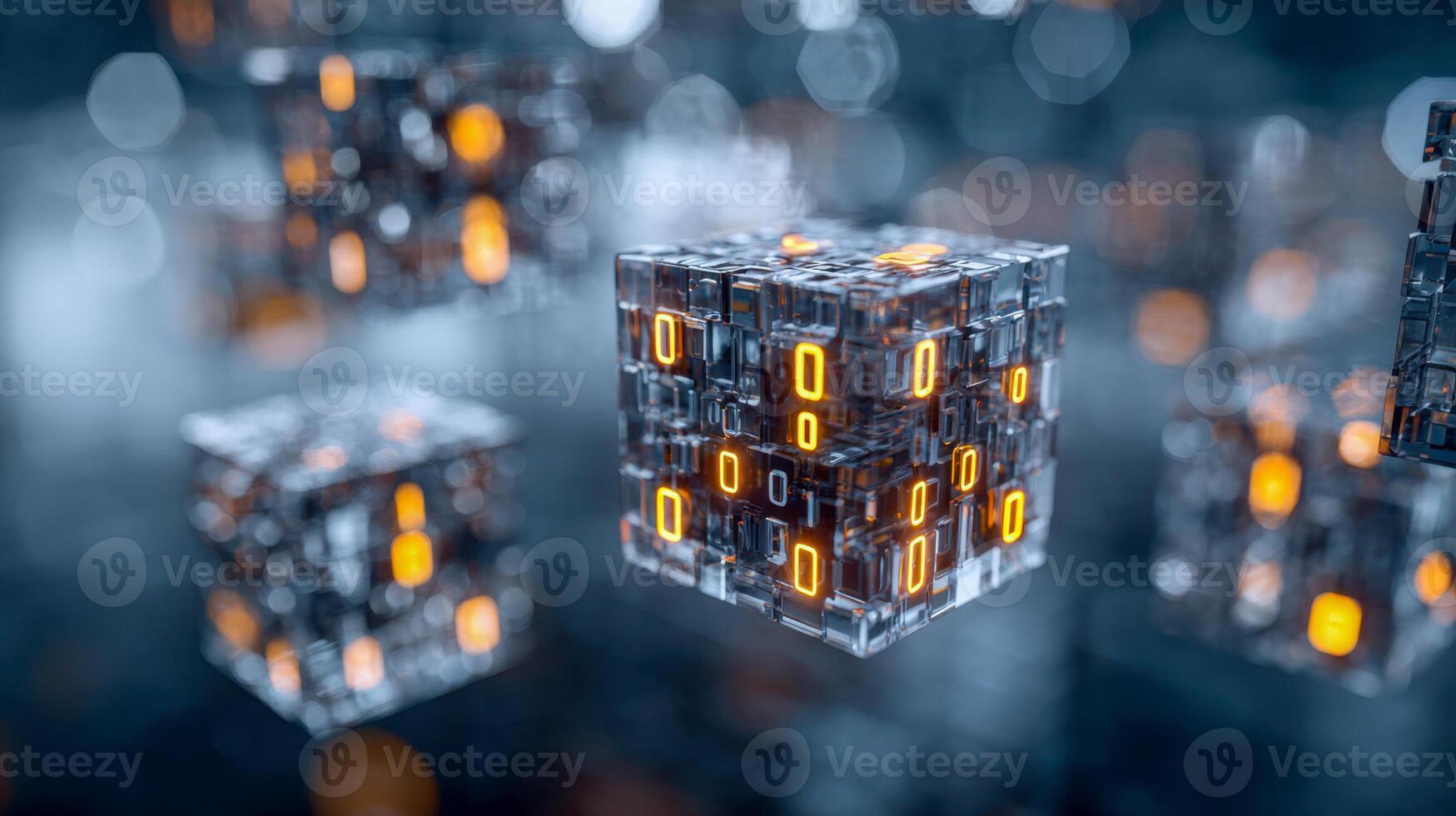 Futuristic digital cubes with glowing data patterns in a high-tech environment photo