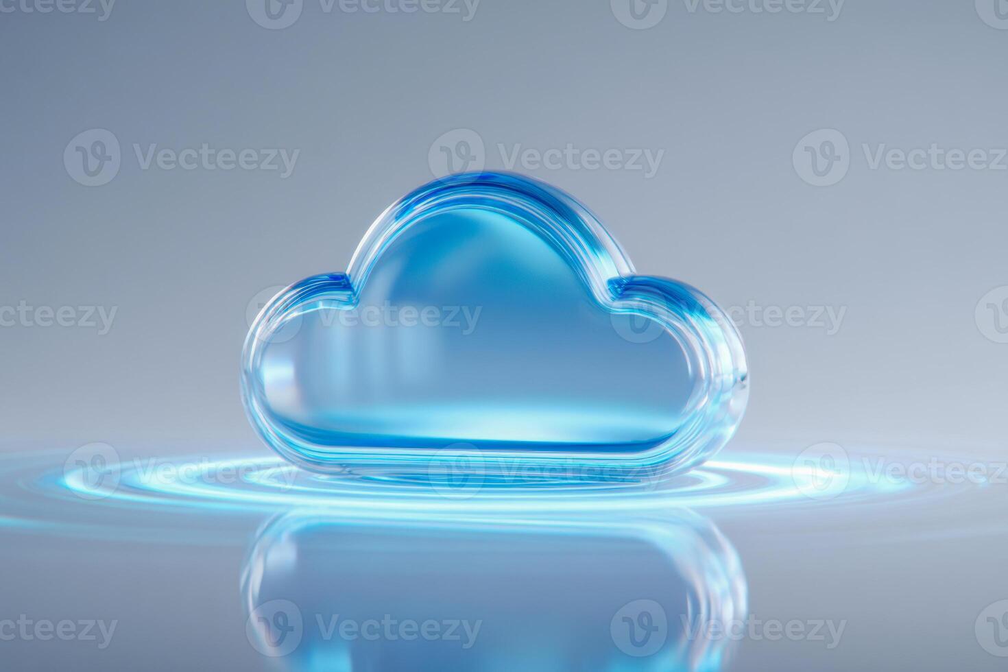 Transparent blue glass cloud icon glowing on reflective surface with soft ripples symbolizing digital data storage and cloud computing technology concept photo