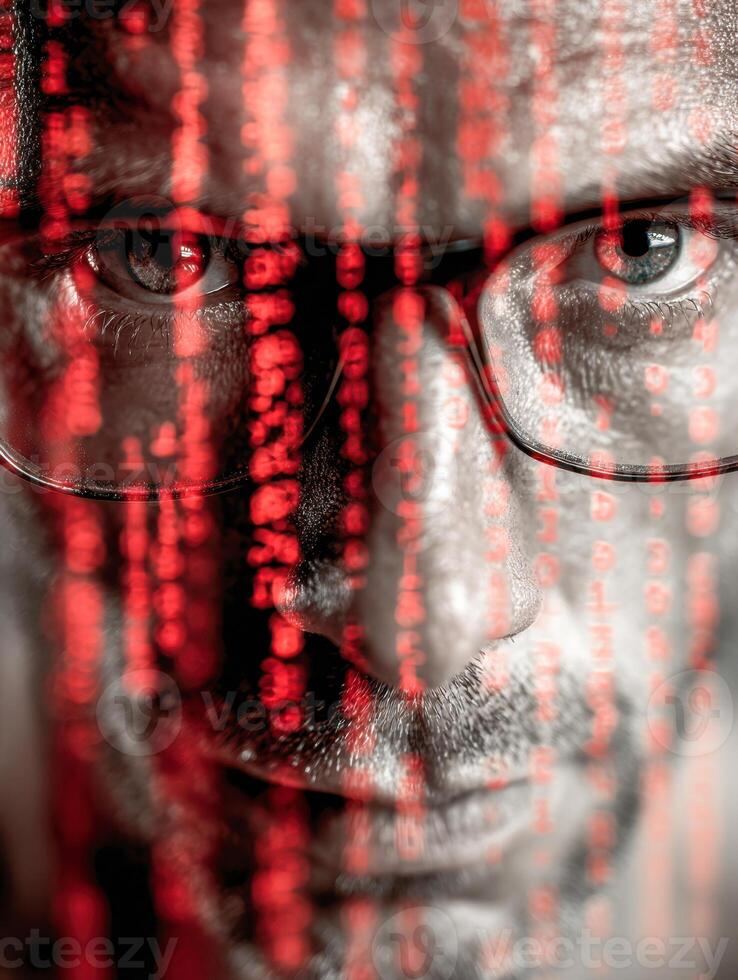 Intense close-up of a man with glasses under layers of glowing red digital code, symbolizing cybersecurity, hacking, or deep focus on data analysis and programming photo