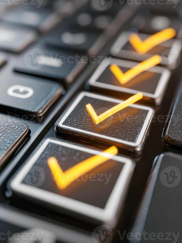 Illuminated yellow check marks on keyboard buttons symbolizing task completion and productivity in a modern digital workspace environment photo