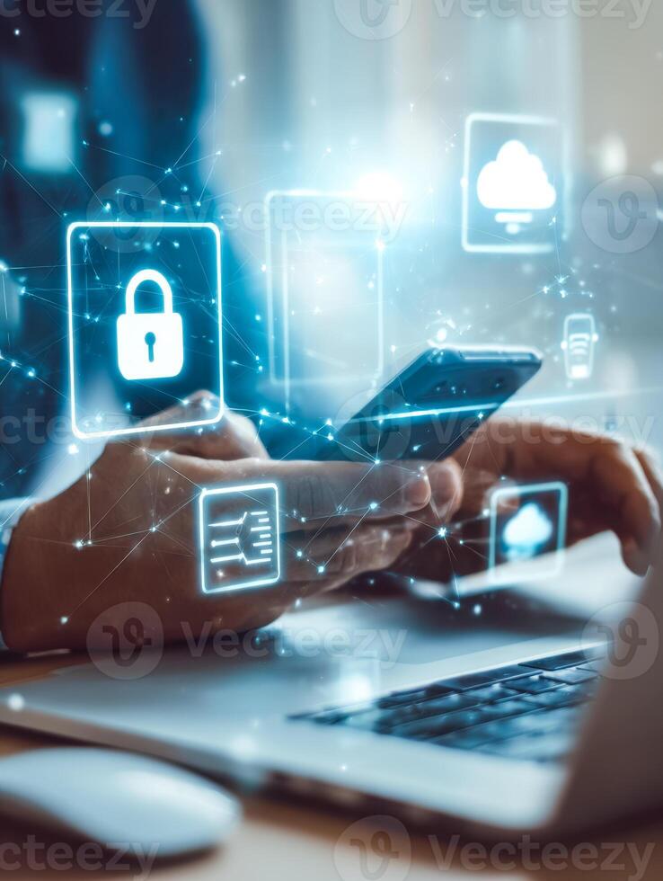 Digital security and cloud computing concepts represented through holographic icons photo