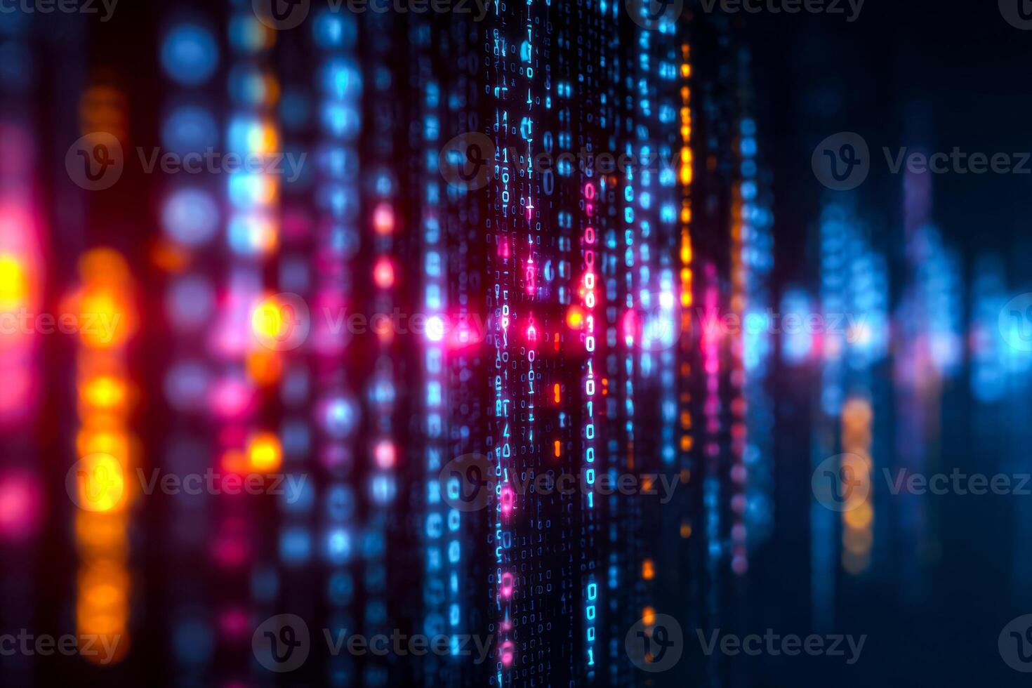 Digital data stream with vibrant glowing binary code and colorful light effects photo