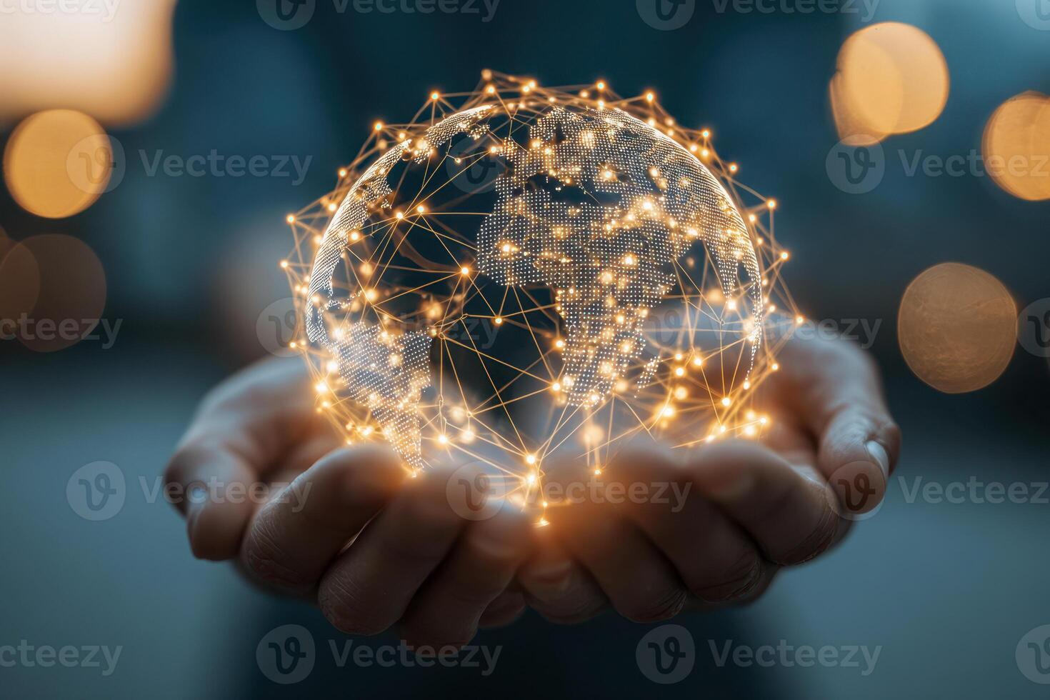 Hands gently holding a glowing digital globe with interconnected points representing global communication and advanced technology concepts at dusk photo
