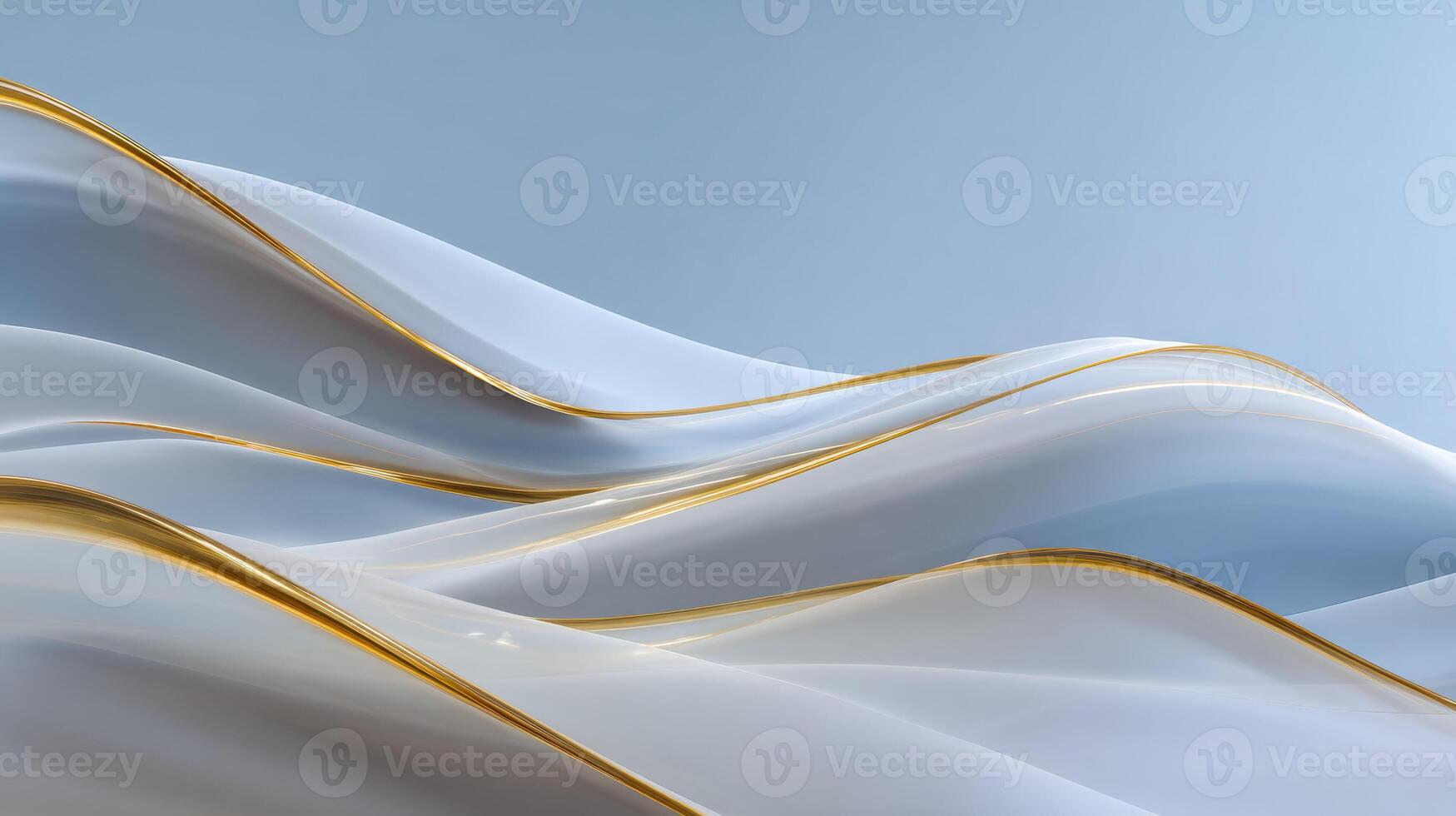 Smooth flowing white ribbons with elegant gold edges creating an abstract wavy pattern on a soft gradient light blue background for modern design concepts photo