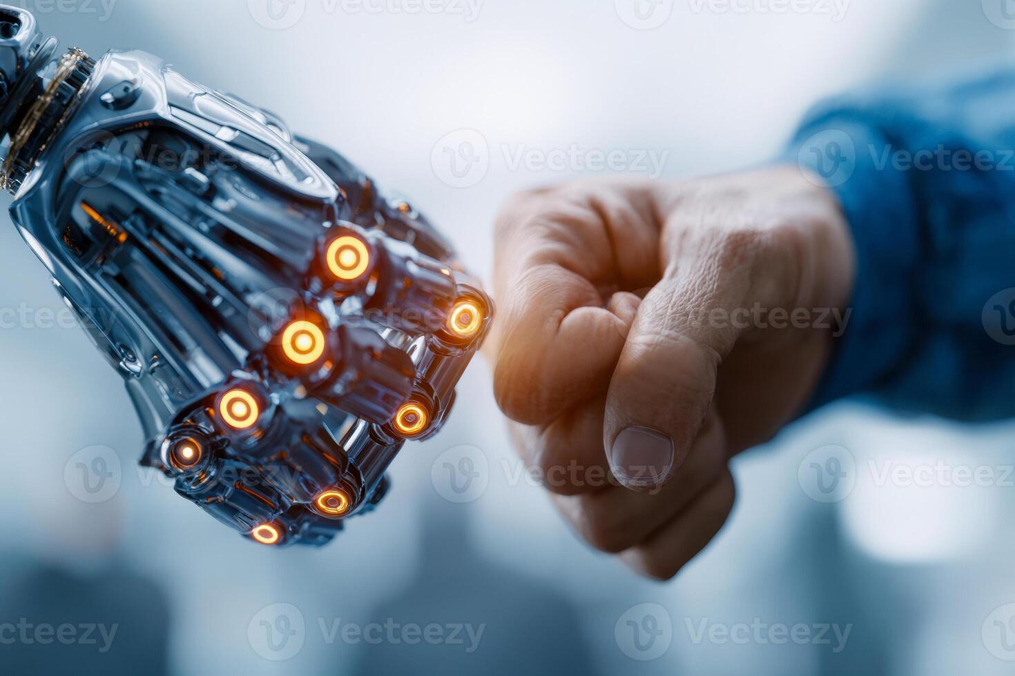 Future technology handshake between a human hand and a robotic hand symbolizing collaboration and innovation in artificial intelligence and robotics photo
