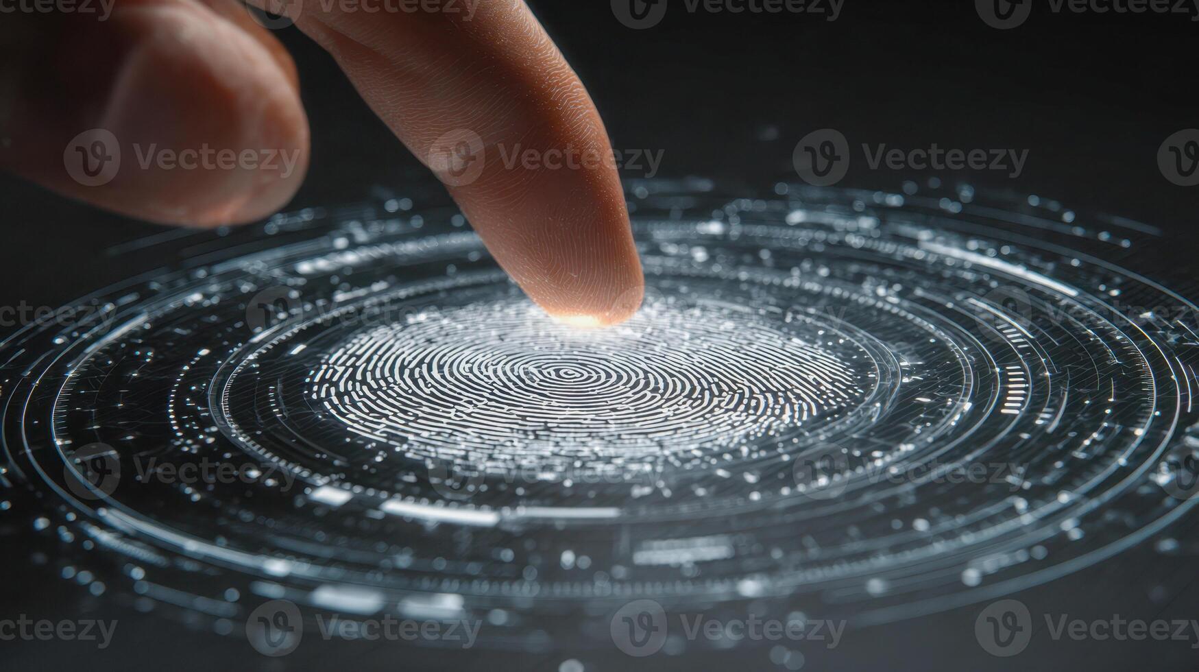 Person placing finger on a futuristic digital fingerprint scanner with glowing biometric data interface and circular holographic security elements in a dark setting photo