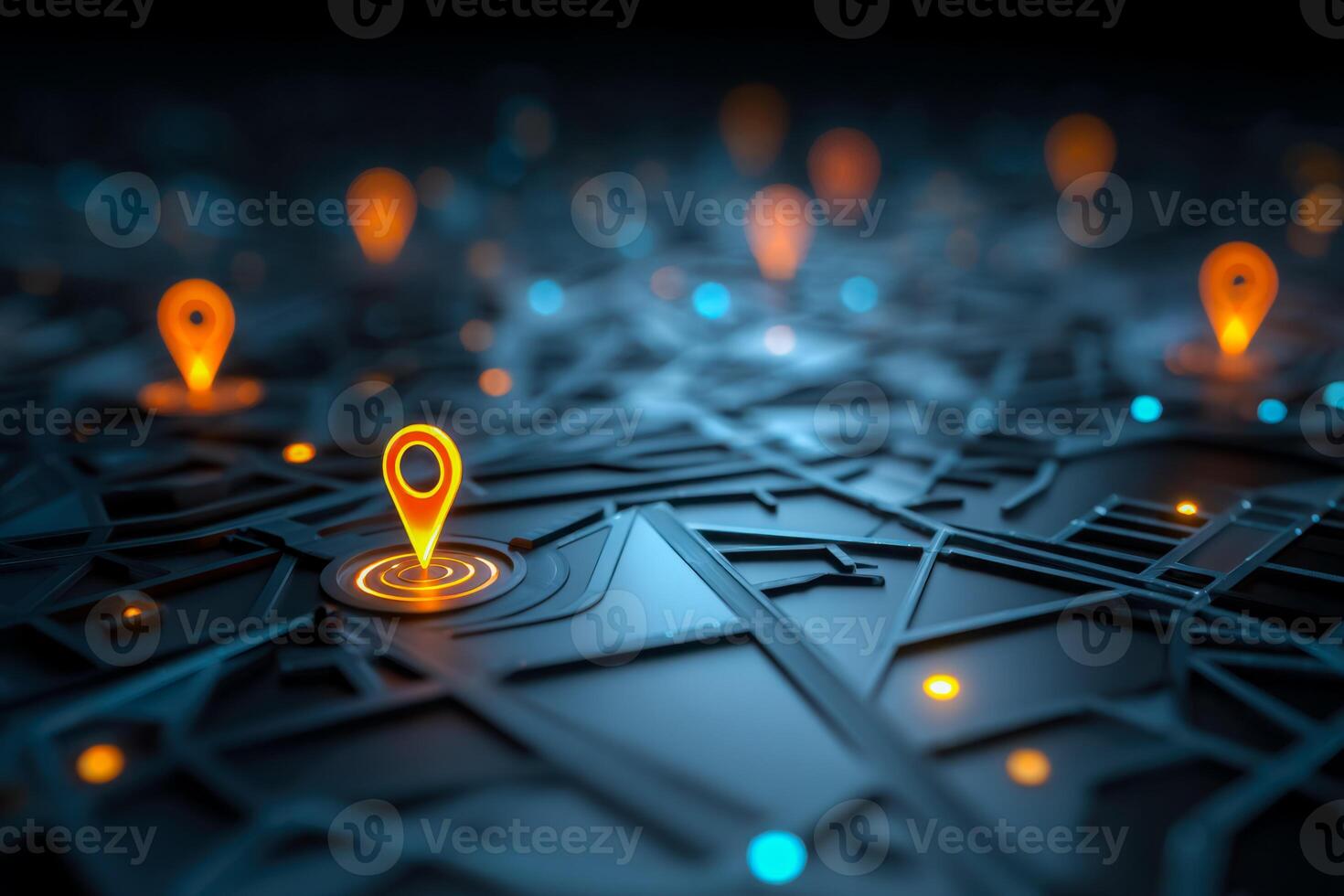 Futuristic digital map with glowing location markers and illuminated data points photo