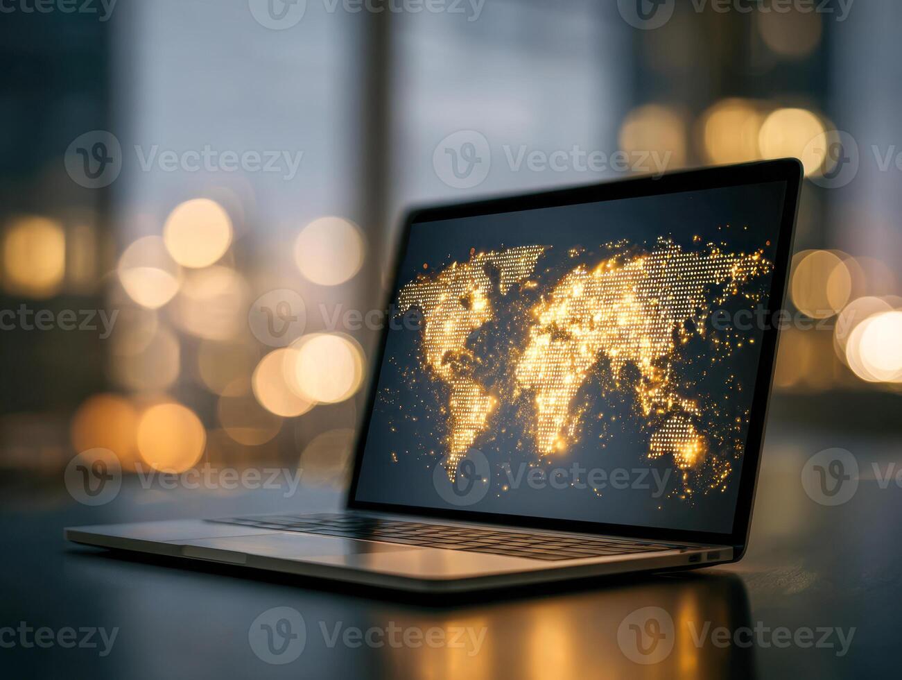 Laptop with a glowing digital world map displayed on screen symbolizing global connectivity and data networks in a modern technological setting at night photo