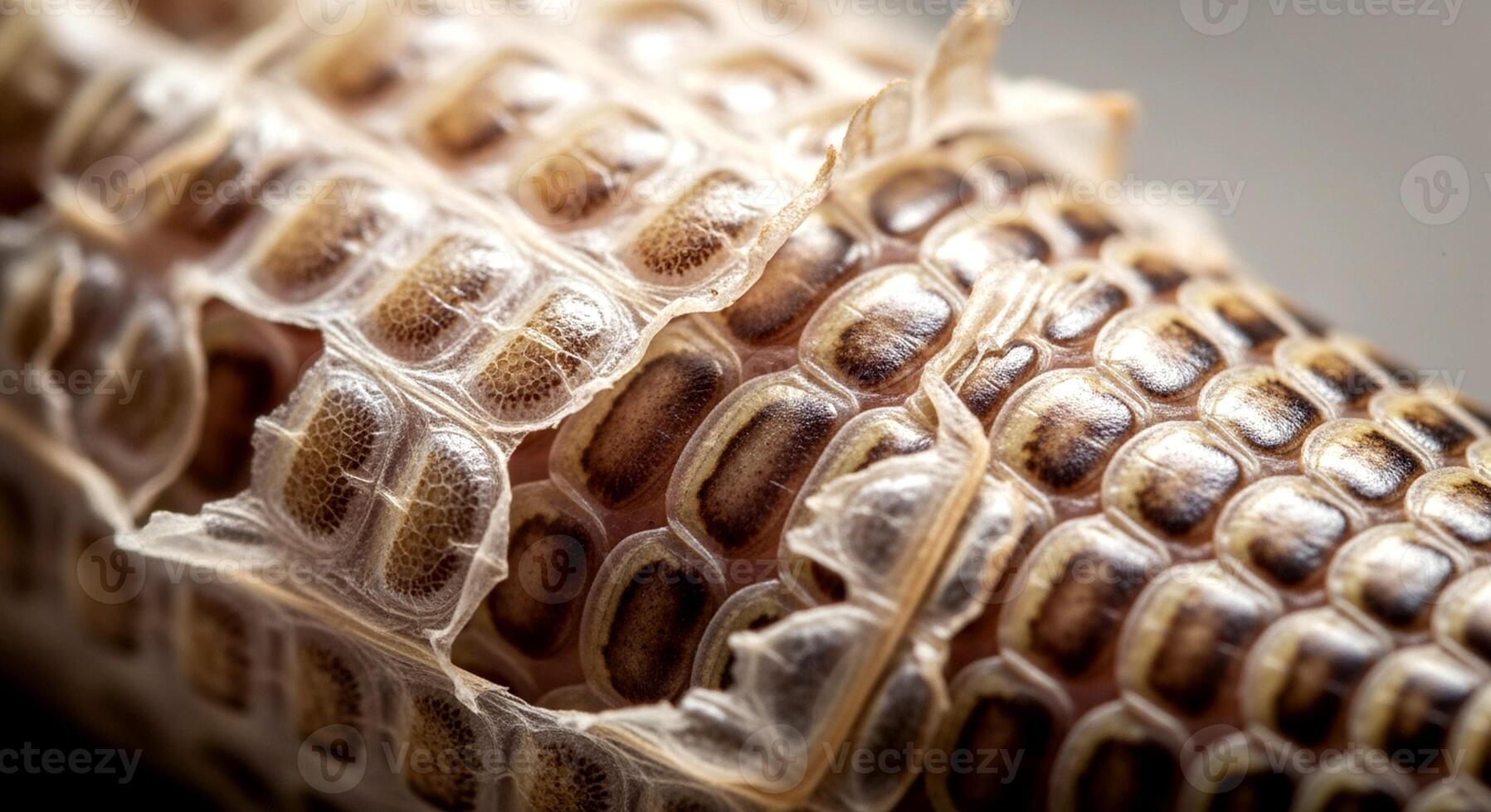 Close-up view of a corn cob with detailed texture and patterns. photo