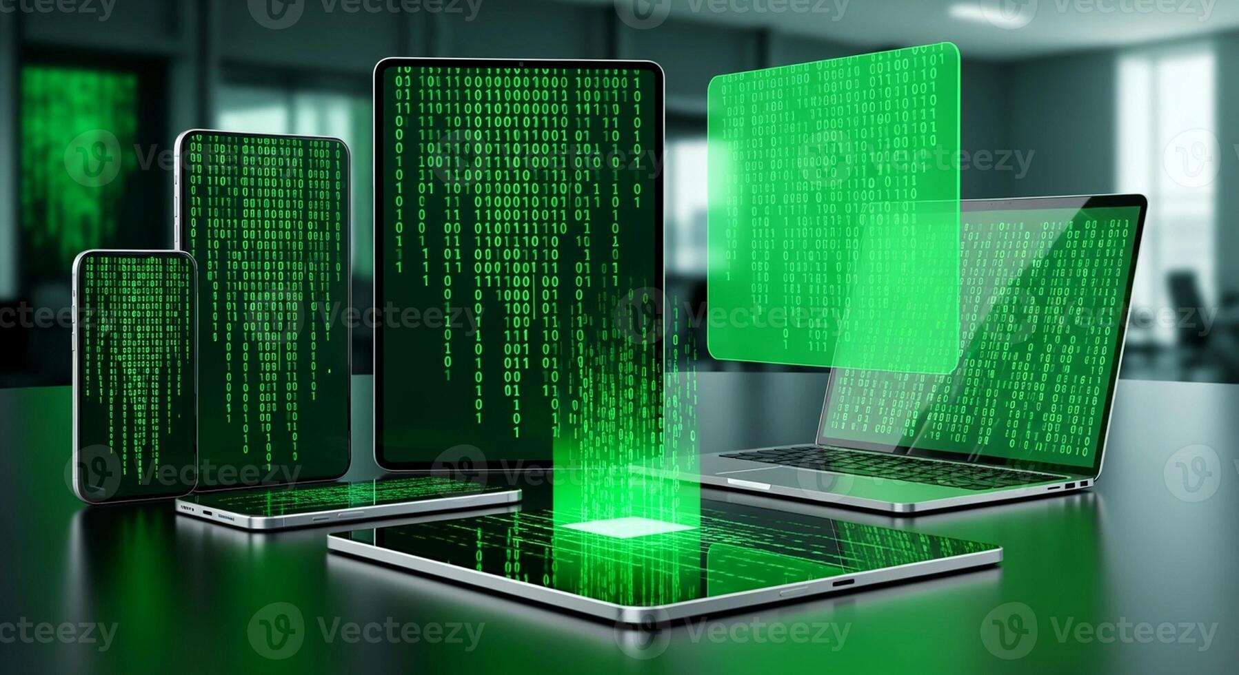 Digital Devices Displaying Green Matrix Code. photo