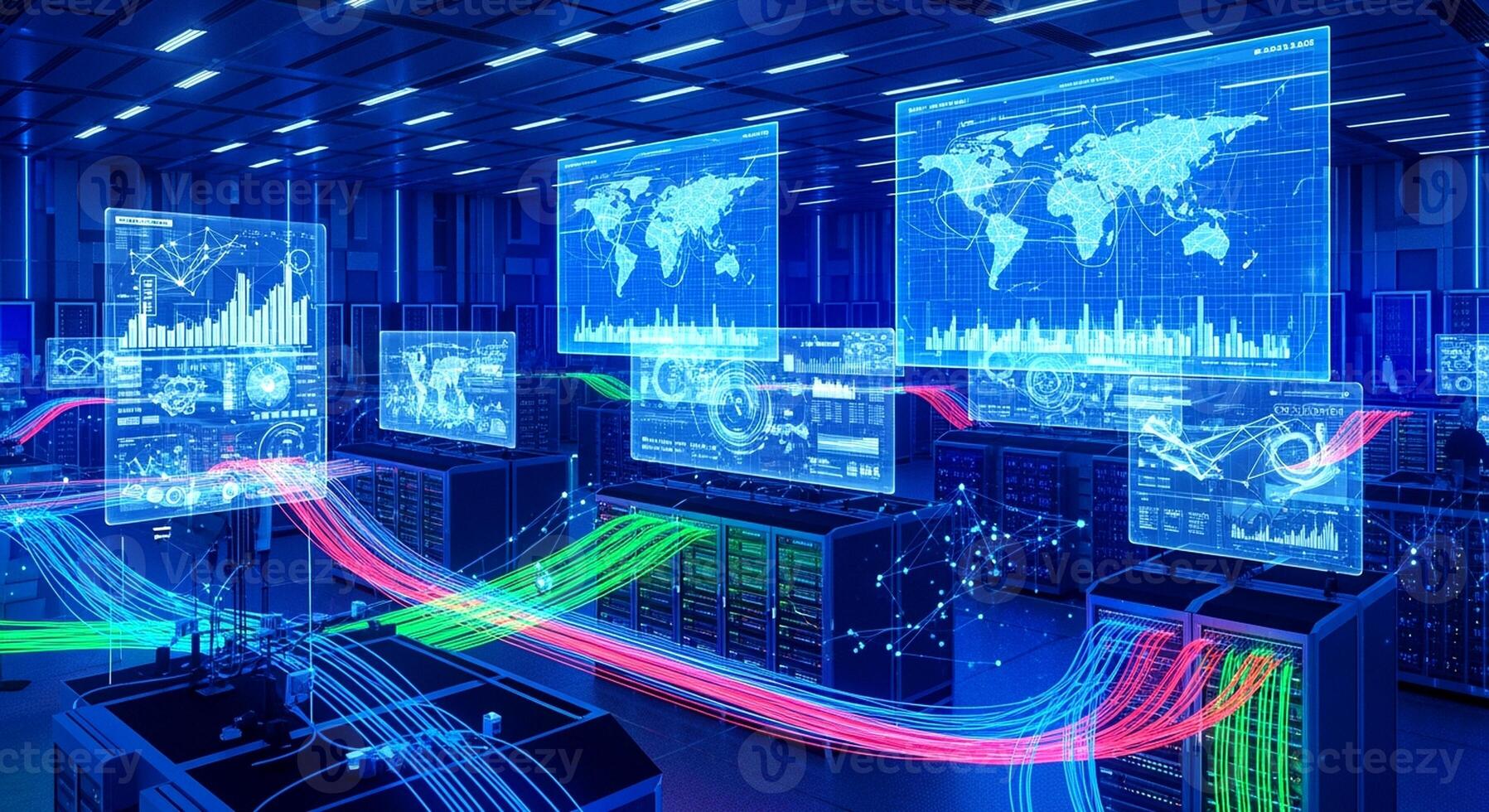 High Tech Command Center Visualizing Global Data Streams. photo