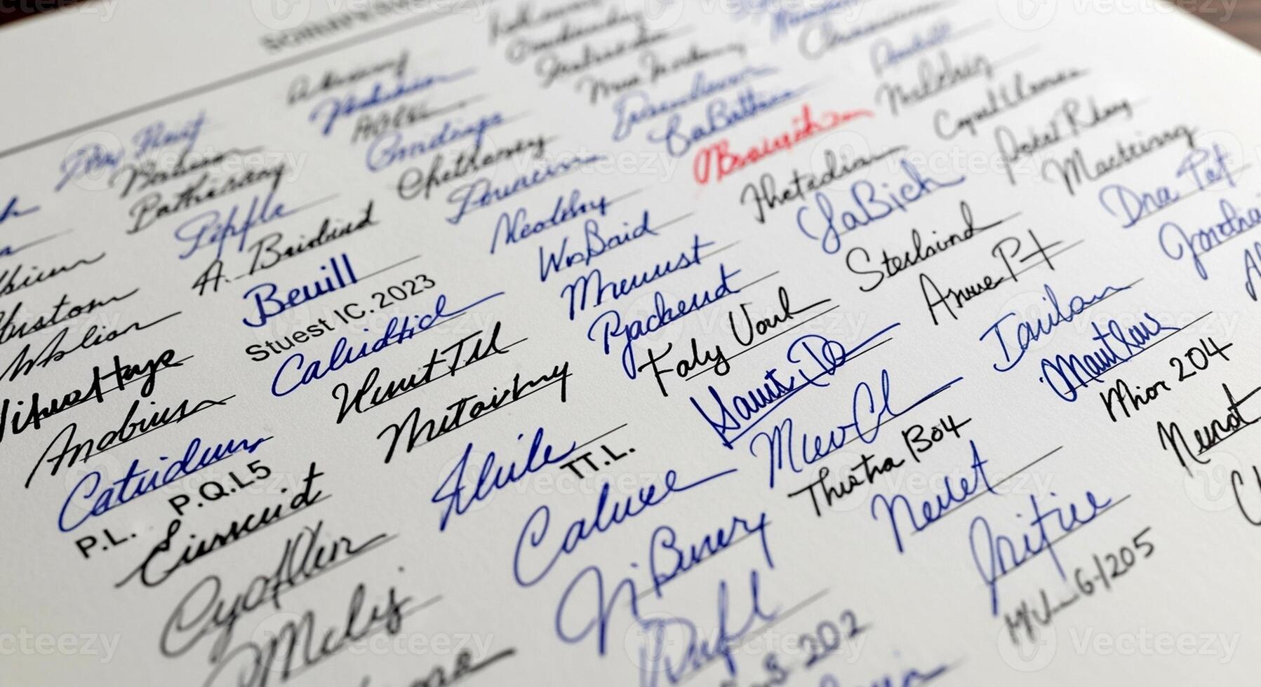 Close-up of a document filled with numerous handwritten signatures in various colors, creating a dense pattern of personal marks. photo