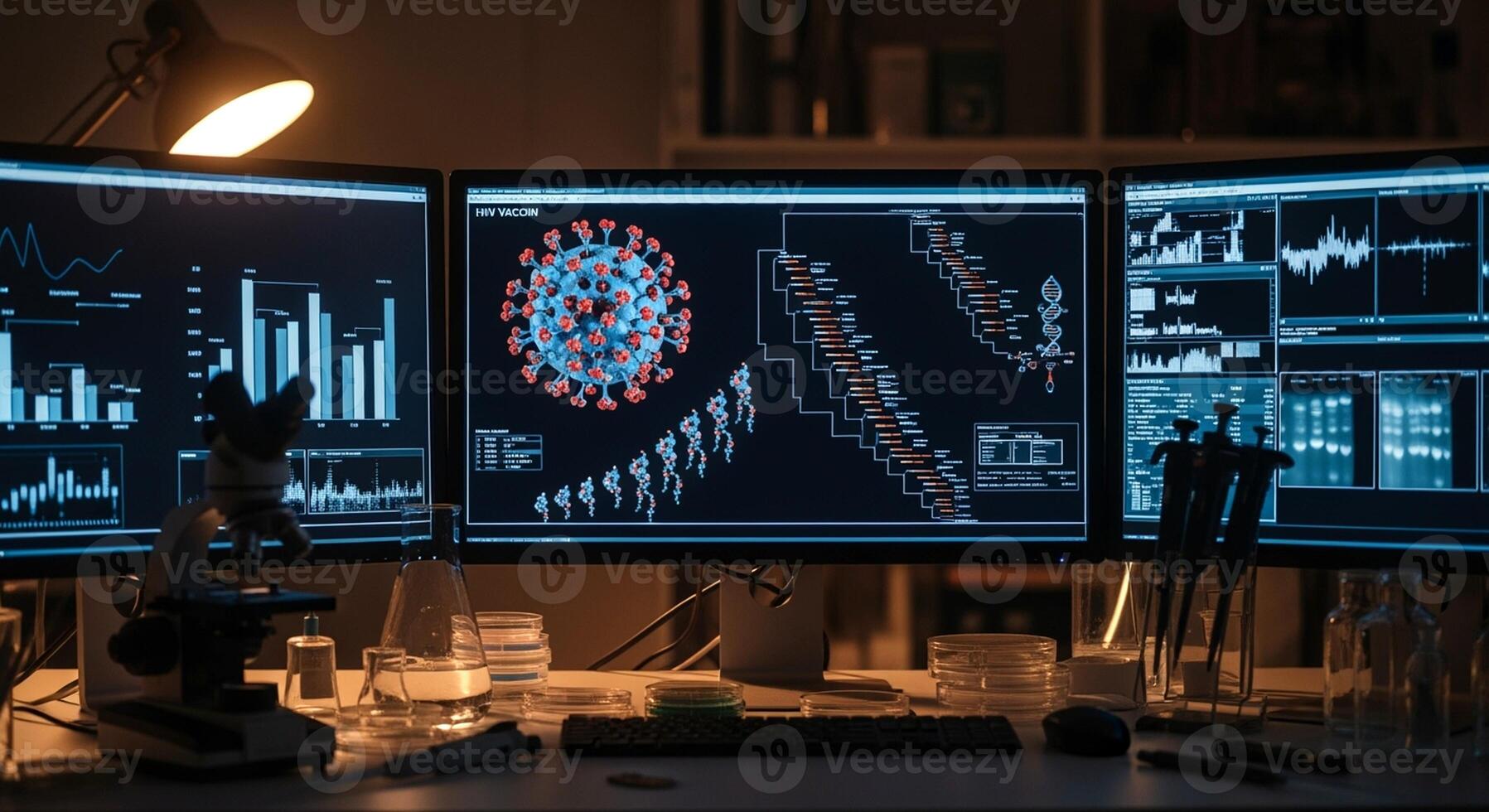 COVID-19 virus analysis on multiple computer screens in a dark laboratory setting. photo