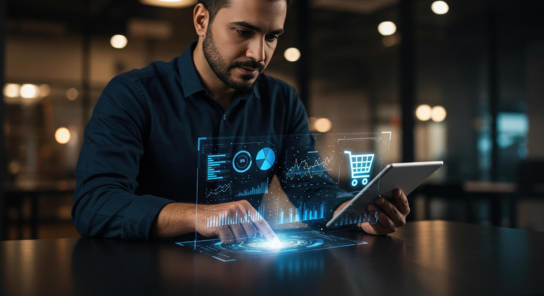 Man using tablet with data analytics and online shopping interface concept photo