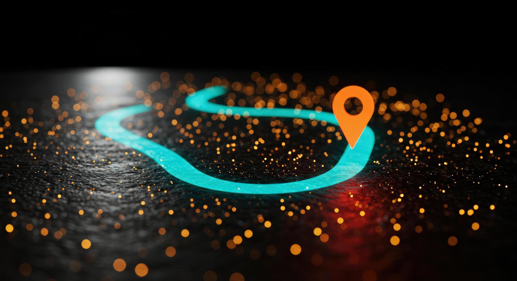 Digital path finding navigation with location pin and glowing trail photo