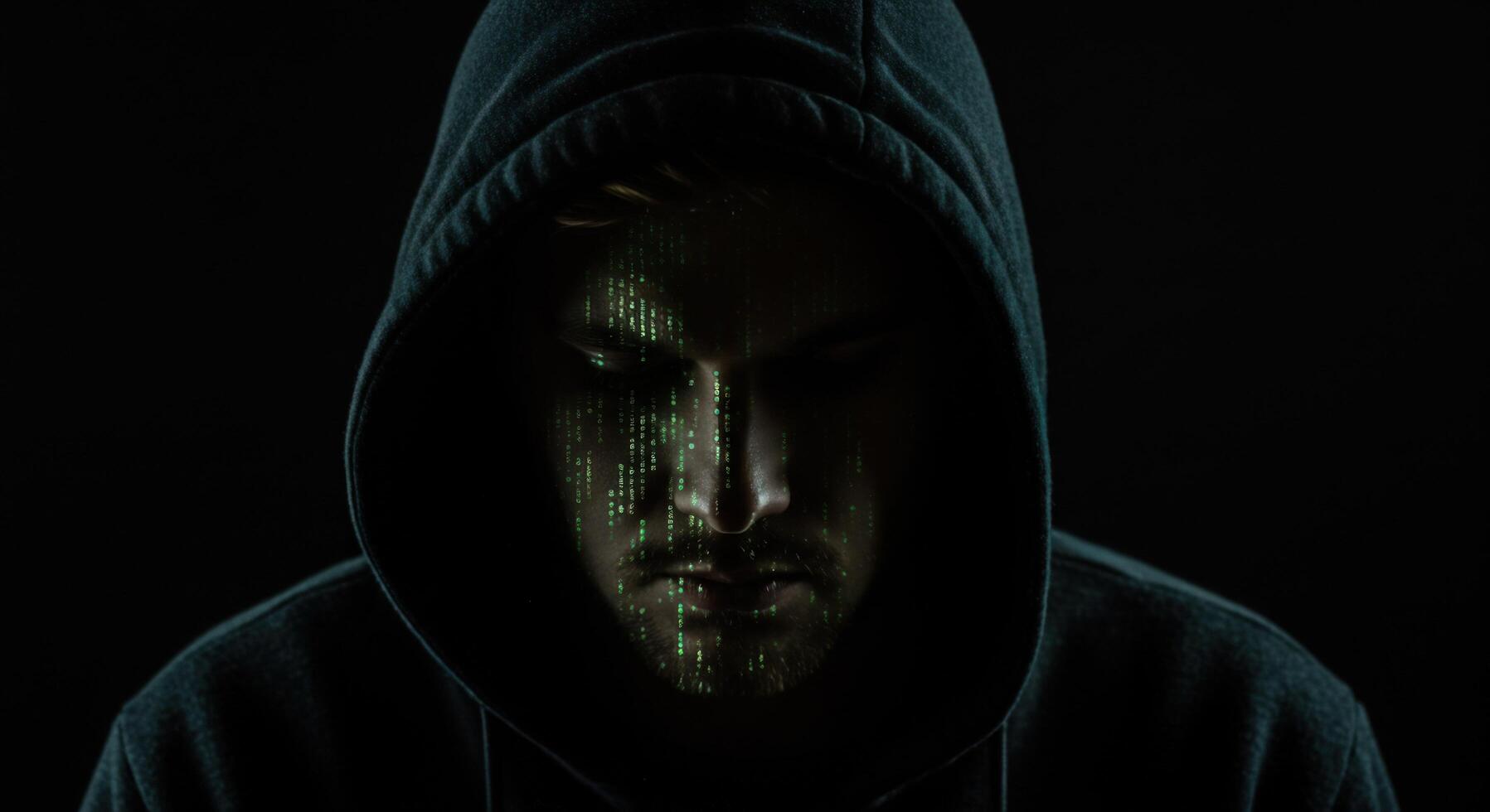 Man in hood with binary code projection digital security concept photo