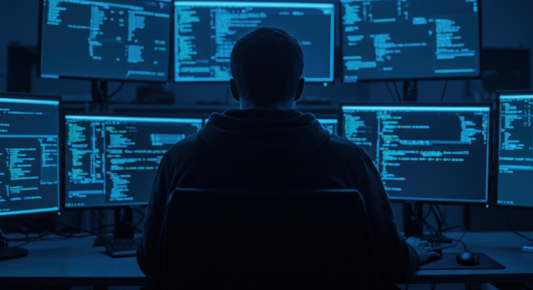 persona trabajando a múltiple computadora pantallas con código foto