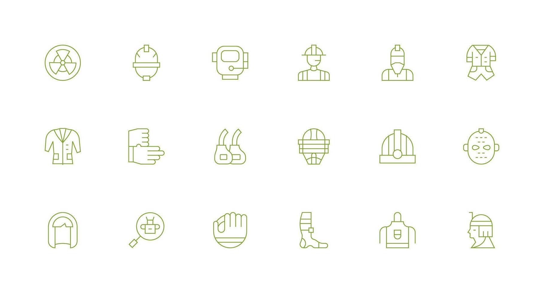 Protective Gear Design Icons featuring 18 in Minimal Line Style Full Icon Library for UI Designers vector